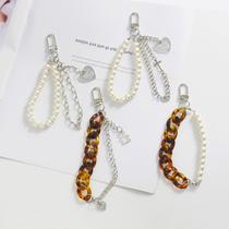 Japanese and Korean retro design double-layer metal chain keychain pendant ins personalized pearl bracelet womens bag pendant