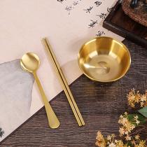 Brass bowls chopsticks and spoons three-piece set household tableware ornaments Chinese home decoration metal crafts gift set