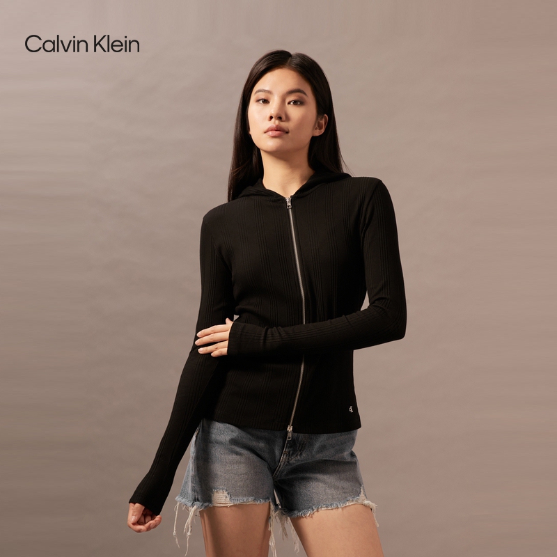 Ck Jeans Spring and Autumn Women's Casual Letter Embroidery Casual Commuting Hooded Zipper Knitted Cardigan Jacket