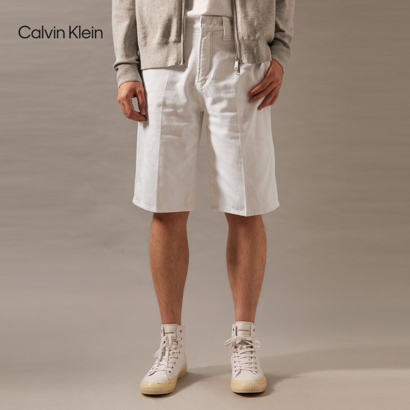 Ck Jeans Spring and Summer Men's Trendy American Retro Classic Logo Cotton Hidden Placket White Denim Shorts