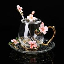 Enamel water cup household glass cup womens summer coffee cup crystal cup creative high-value tea cup with lid pink