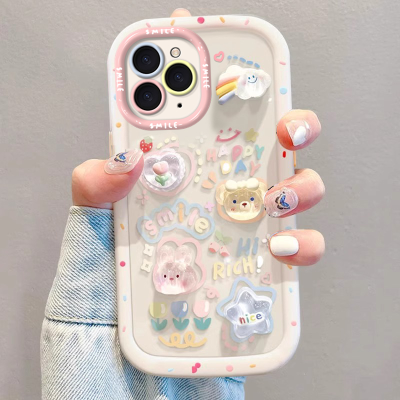 Suitable for Apple 15 Pro Max Phone Case 16E 3D Rabbit Bear 14 Pro New Model for Women 13 High-End Feel 12 with Lanyard 11 Cute Cartoon iPhone 8 Full Coverage 7 Anti-Drop Transparent Puff Case