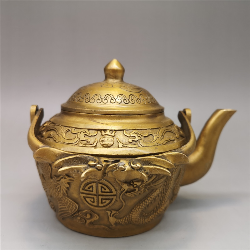 仿古龙凤呈祥铜壶宫廷御用茶壶提梁壶古董收藏摆件纯铜铸造大清款