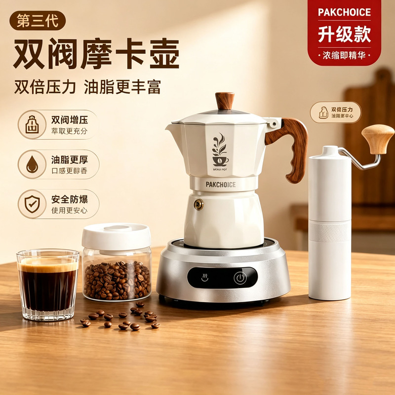 Coffee Pot with Double Valve for Brewing Coffee, Small Household Moka Pot, Italian Extraction Hand-Brewed Coffee Set, Moka Coffee Pot