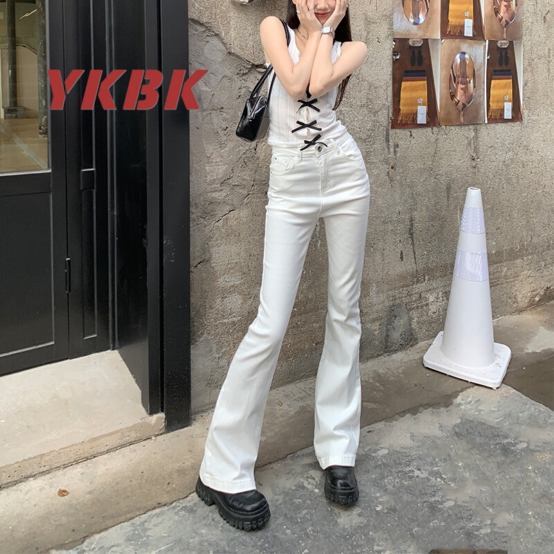 Ykbk2026 New Spring Style Hot Girl High-Waisted Slightly Elastic White Flared Pants for Women, Slimming, Versatile, Floor-Length Pants