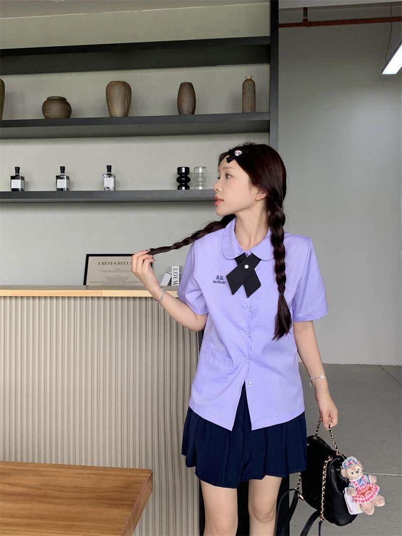 jk制服加工定制 泰式校服女孩学院风衬衫短袖款jk制服女夏季刺绣紫色套装高中班服
