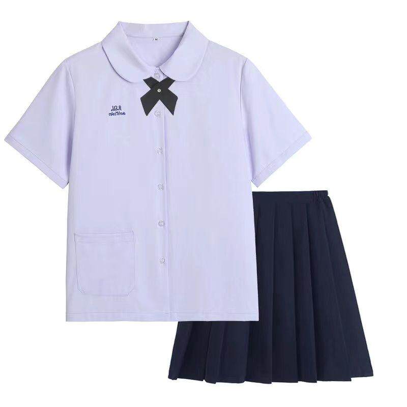 jk制服加工定制 泰式校服女孩学院风衬衫短袖款jk制服女夏季刺绣紫色套装高中班服