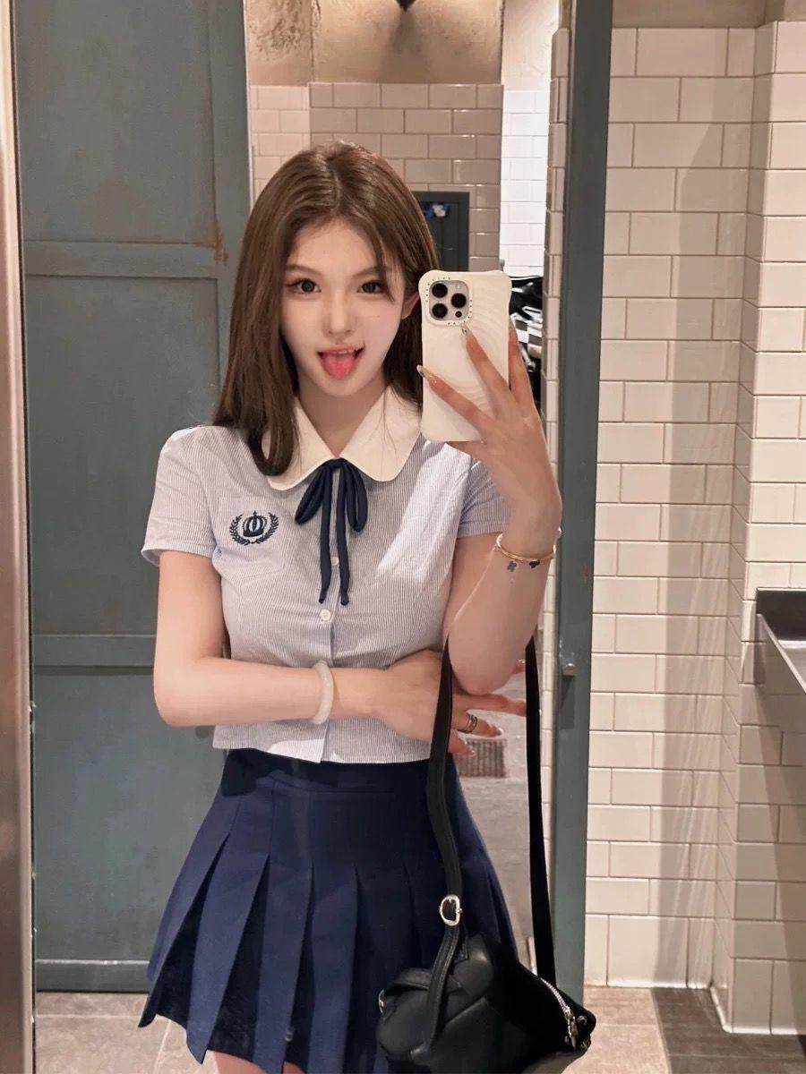 jk制服加工定制 蓝色学院风衬衫百褶裙套装女高级感jk上衣短裙两件套夏季2024新款