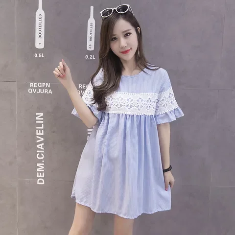 夏装上衣裙子中长款怀孕妇蕾丝孕妇装喇叭袖圆领衣服时尚潮新款