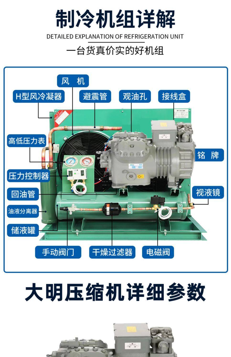 冷库制冷机组全套设备半封闭大明活塞式压缩机小型保鲜冷藏冻库5p(pic5)
