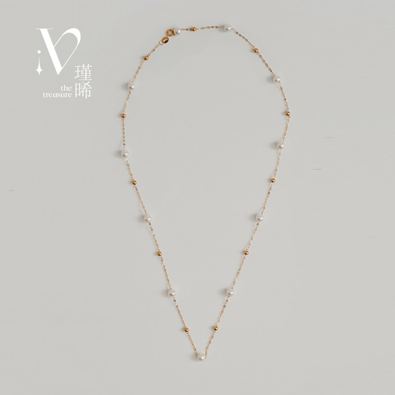 4-5mm 淡水有核 满天星珍珠项链镶嵌18K金小金球锁骨链送女友礼物