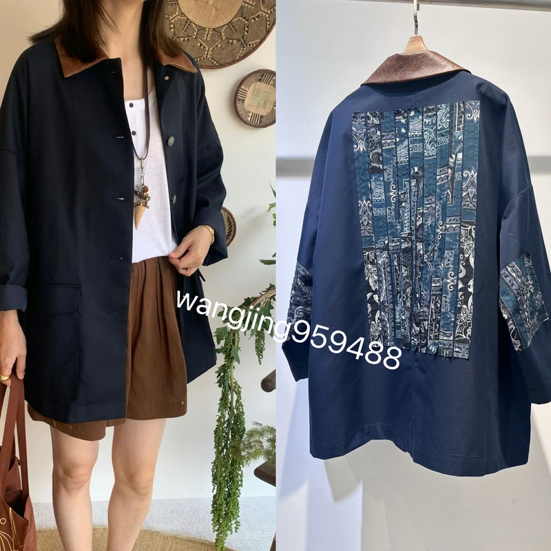 Designer Jacket with Leather Collar, Navy Paisley Patchwork, Mid-Length Trench Coat Designer Jacket with Leather Collar, Navy Paisley Patchwork, Mid-Length Trench Coat