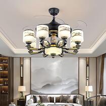 New Chinese style fan lamp living room ceiling fan lamp invisible retro electric fan chandelier home restaurant bedroom jade chandelier