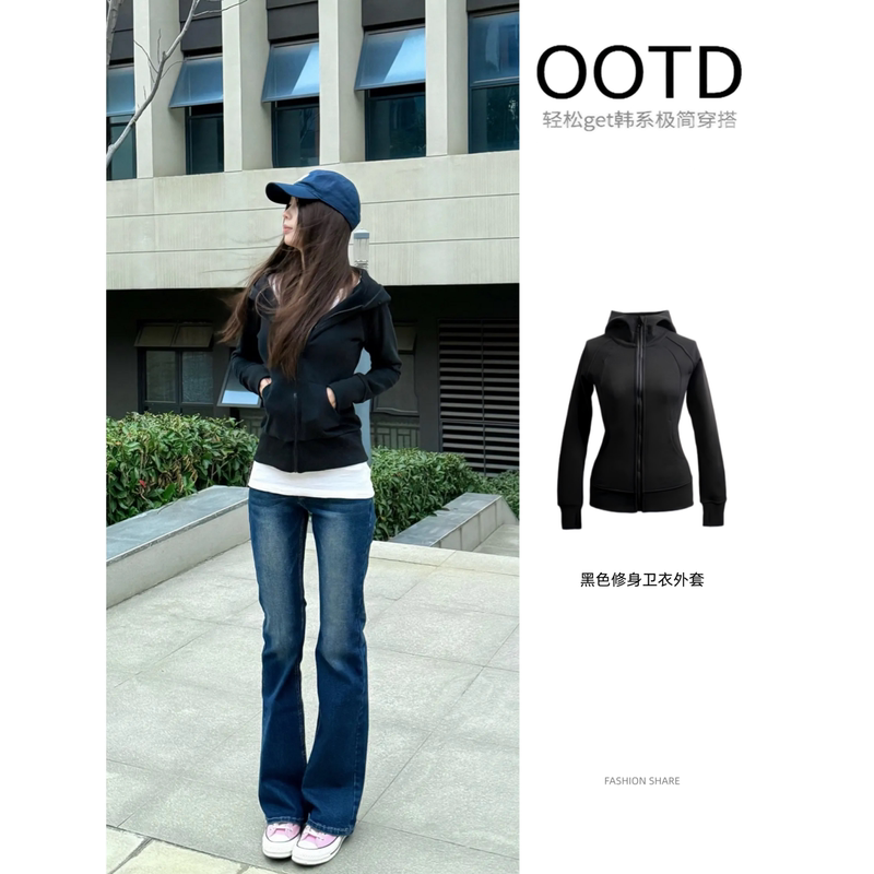 Black Hooded Sweatshirt Jacket for Women, Autumn Thin Style, Slim Fit Yoga Wear, Long-Sleeved Top, Casual Sports Wear Black Hooded Sweatshirt Jacket for Women, Autumn Thin Style, Slim Fit Yoga Wear, Long-Sleeved Top, Casual Sports Wear