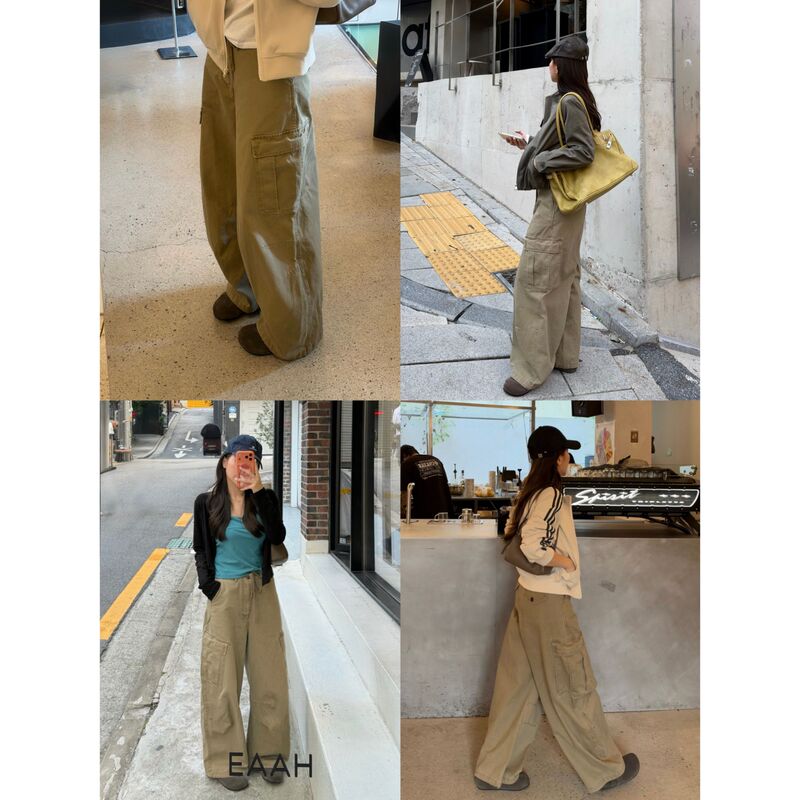 Ypp Yang Panpan Retro Khaki Cargo Pants for Women, 100% Cotton, Heavy-Duty Washed, Large Pockets, Drawstring Jeans Ypp Yang Panpan Retro Khaki Cargo Pants for Women, 100% Cotton, Heavy-Duty Washed, Large Pockets, Drawstring Jeans