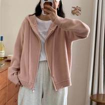 Designed solid color hooded sweater jacket for women in autumn and winter new loose lazy style short double zipper knitted cardigan