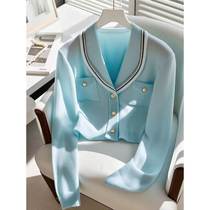 Blue knitted cardigan jacket for women 2024 early autumn high-end and super good-looking sweater top with stunning temperament