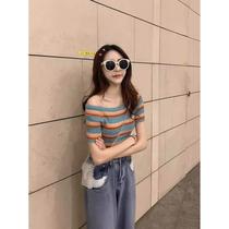 Rainbow striped ice silk T-shirt for women 2024 summer new style knitted short-sleeved one-line collar off-shoulder sexy versatile top