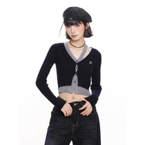 Fake two-piece irregular design long-sleeved knitted cardigan hot girl slim V-neck top