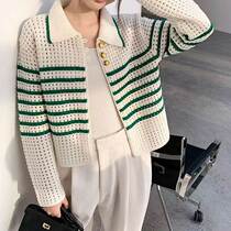 Early autumn new French chic niche design hollow long-sleeved sweater knitted cardigan womens striped jacket top