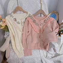 Early autumn embroidered lace short cardigan top for women with small design fresh temperament sweet and gentle style knitted sweater for women
