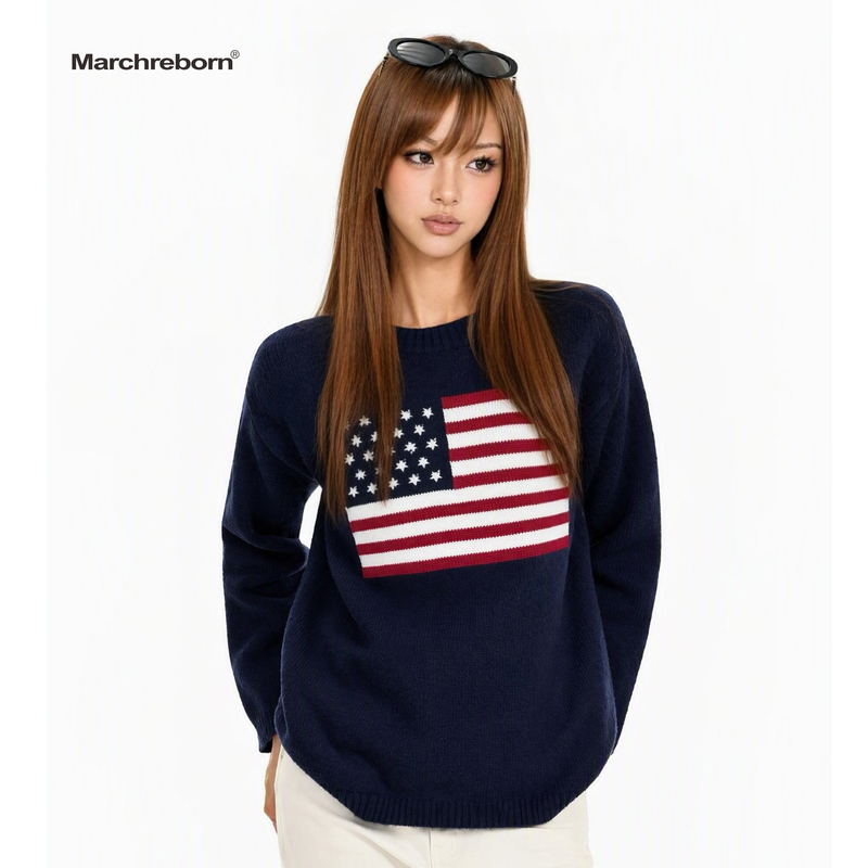 March Rebirth American Retro Star Flag Crew Neck Sweater Unisex Loose Versatile Casual Pullover Jacket March Rebirth American Retro Star Flag Crew Neck Sweater Unisex Loose Versatile Casual Pullover Jacket