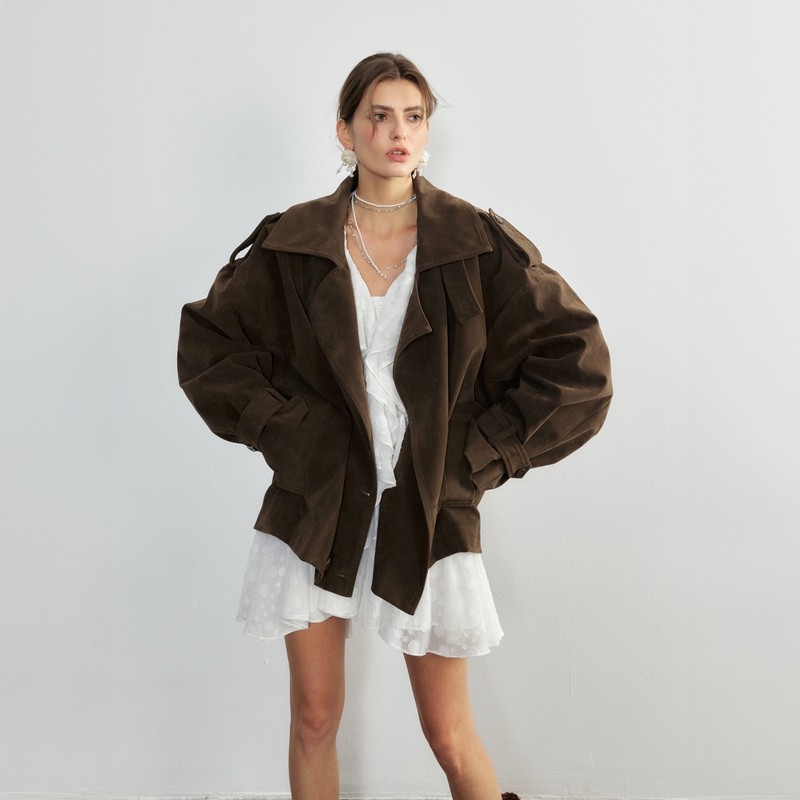 Lean Project Barn-Style Brown Retro Workwear Lapel Short Jacket Washed Suede Jacket Lean Project Barn-Style Brown Retro Workwear Lapel Short Jacket Washed Suede Jacket