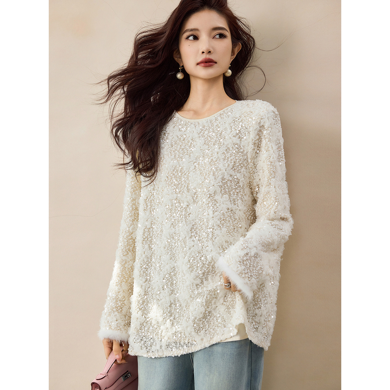 Nine Li Li Fashion Mesh Floral Sequin Lace Blouse for Women 2025 Winter New Style with Frayed Cuffs and Round Neck Top