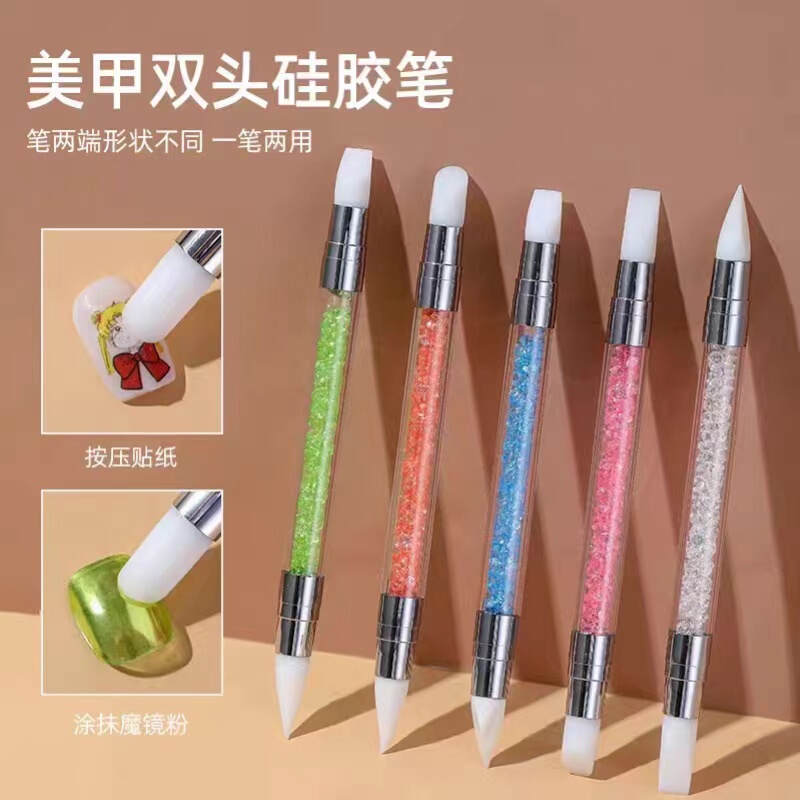 Dual-Ended Silicone Nail Art Pen for Embossing, Pressing Mirror Powder, Dotting Pen, Uv Gel Painting Pen, Rhinestone Applicator Tool Set