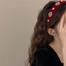 秋冬新款红色水钻珍珠压发宽边发箍女款韩国气质头箍发饰简约发卡