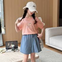 Girls Summer 2024 New Casual Mesh Puff Sleeve Short Sleeve Denim Skirt Suit Large Childrens Wide Leg Skirt
