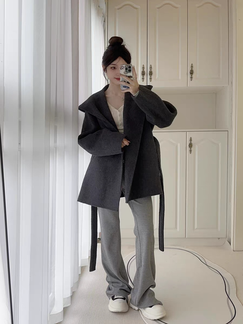 Loose Hooded Woolen Coat, High-End Wool Double-Sided Coat for Women, Korean Style Winter Short Woolen Coat for Petite Women