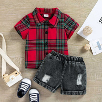 Childrens clothing summer new style boys and girls baby plaid shirt jeans childrens suit dropshipping
