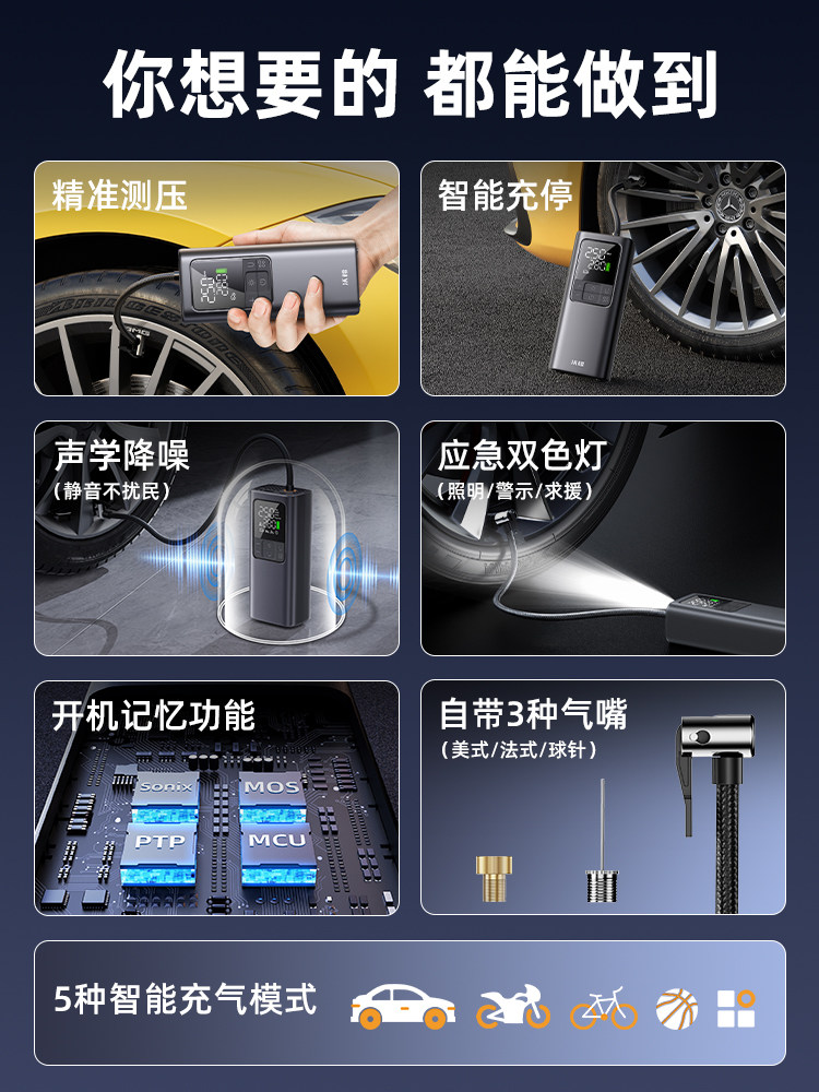 Wocheng Car Air Pump Wireless Portable Electric Tire Inflator with Tire Pressure Measurement