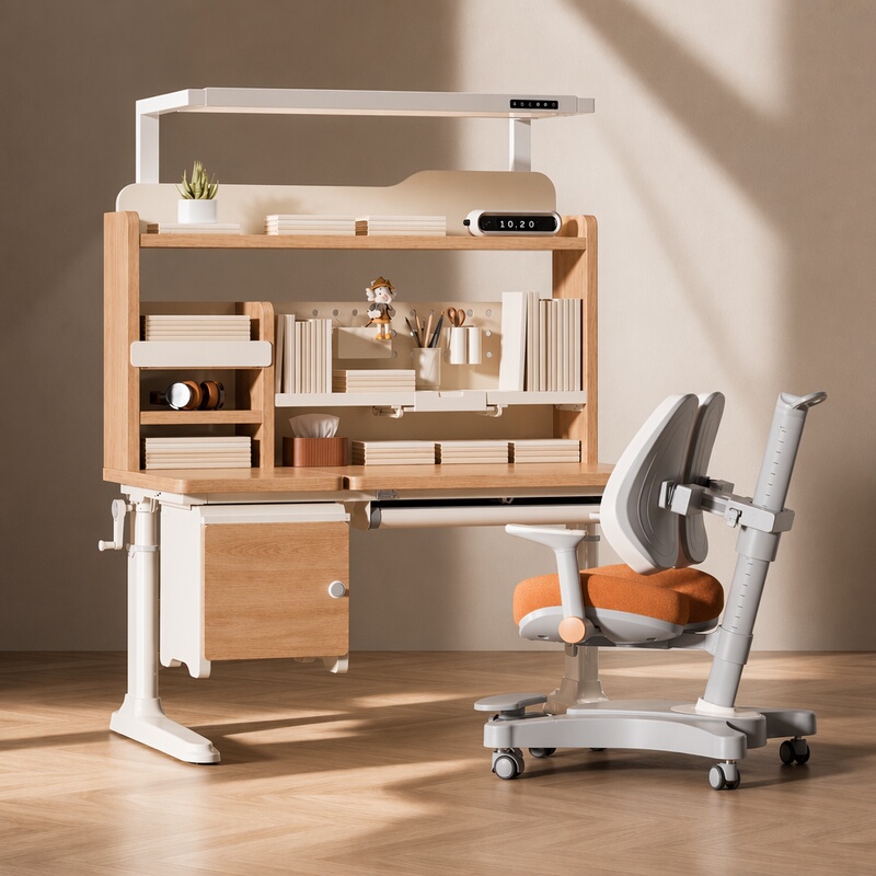 Children's Study Desk Lamp Integrated Home-Use Eye-Protection Writing Desk for Primary School Students, Adjustable Height Solid Wood Desk and Chair Set