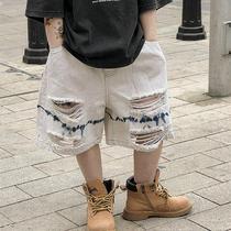 Clearance clearance boys summer shorts Korean version childrens splash ink hole pants Japanese trendy denim mid-length pants