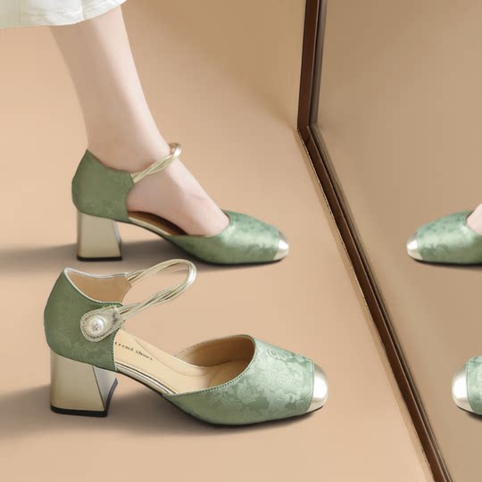 【真皮】新中式包头凉鞋女夏季国风旗袍单鞋粗跟绿色时装高跟鞋子