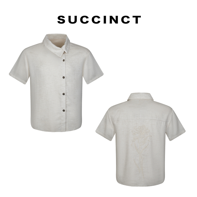 Succinct "Lan" Linen Lyocell Diagonal Placket Stand Collar Multi-Form Short-Sleeve Shirt Embroidered Floral Shirt