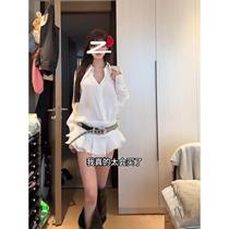American pure lust ruffled V-neck white lazy shirt dress for women in spring and autumn bottoming waist short skirt