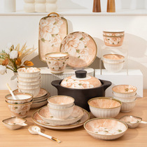 Tableware set household ceramic high-value bowls and plates a complete set of family-sized Camellia 2024 high-end gift box