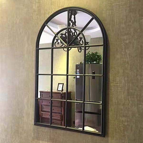 Entrance Decorative Hanging Mirror Frame, European-Style Retro Iron Art Fake Window Mirror Wall Decoration, Arc-Shaped Fake Window Hanging Decoration, Wall Scene for Living Room