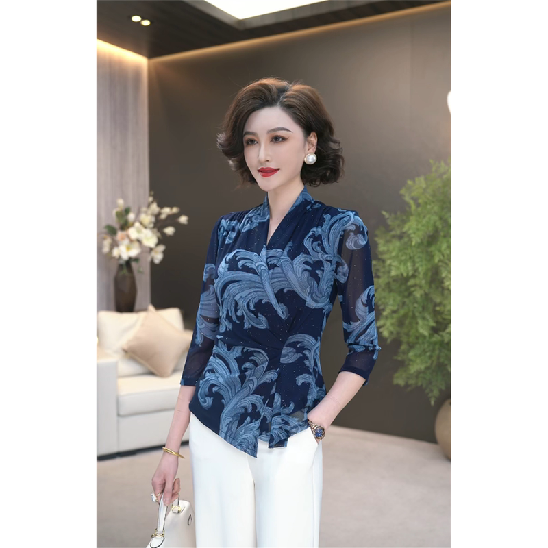 2026 Summer High-Luxury Wrap-Around V-Neck Blue Starry Sky Shimmer Ultra-Soft High-Elastic Mesh Short Top Wf6051 2026 Summer High-Luxury Wrap-Around V-Neck Blue Starry Sky Shimmer Ultra-Soft High-Elastic Mesh Short Top Wf6051