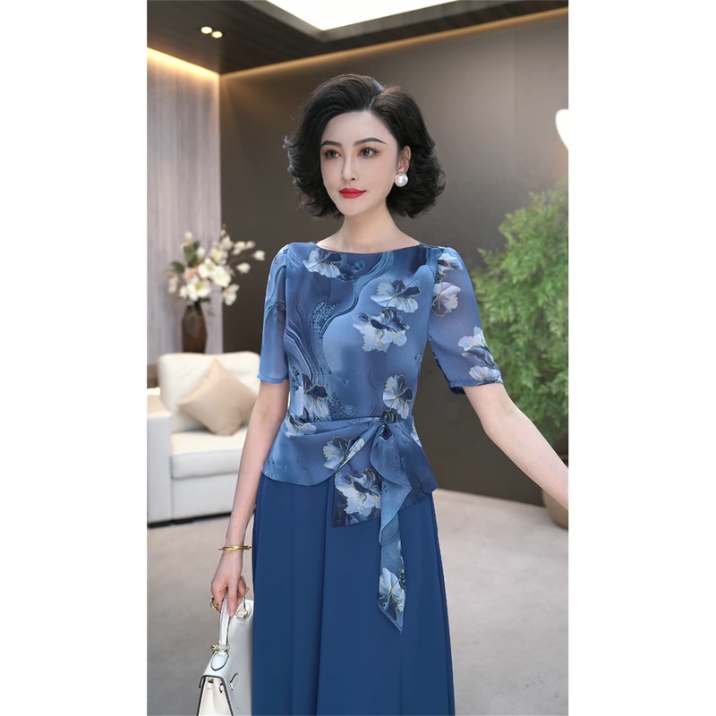 2026 Summer Collection (Cloud Water Blues) Ink-Dyed Iris Lyocell Georgette Fake Two-Piece Dress Wf3610