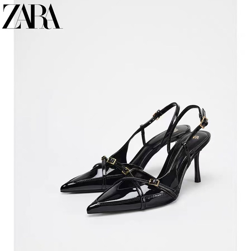 ZARA女鞋2025春季新品黑色搭扣带饰高跟穆勒鞋尖头后绊带细跟凉鞋