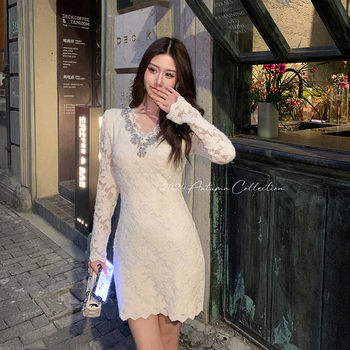 Hollinv Collar Cut Out Lace Elegant Dress Women's Spring & Fall 2025 Long-Sleeved Studded Butt-Covering Skirt