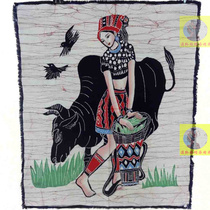 Yungui ethnic style handmade fabric batik painting Miao girl feeding cows tea bar wall decoration folk wall hanging