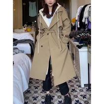 Fleece thickened splicing sweatshirt fake two-piece hooded windbreaker jacket for women winter double layer warm large lapel over-the-knee coat