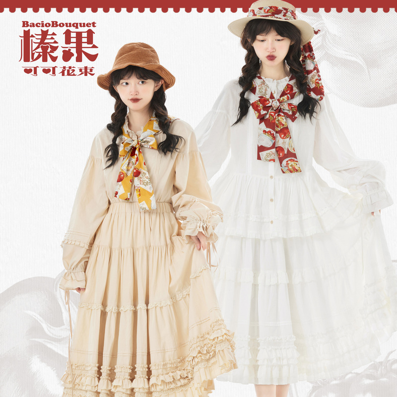 【In Stock Now】Bunior Farm Petticoat, Floral Shirt, Cotton Gauze Long Dress, Hazelnut Cocoa