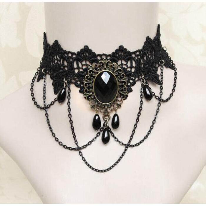 French dark lace tassel necklace, black Lolita choker, gothic collarbone chain, anime style.