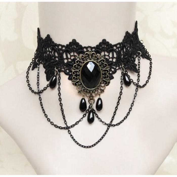 French Dark Lace Tassel Necklace Black Lolita Choker Gothic Collarbone Chain Anime Style French Dark Lace Tassel Necklace Black Lolita Choker Gothic Collarbone Chain Anime Style